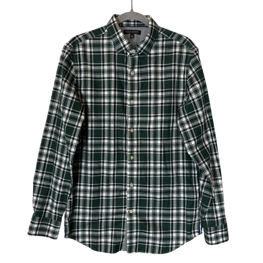 Banana‎ Republic Shirt Mens Medium Green Plaid Long Sleeve Button Down Slim Fit